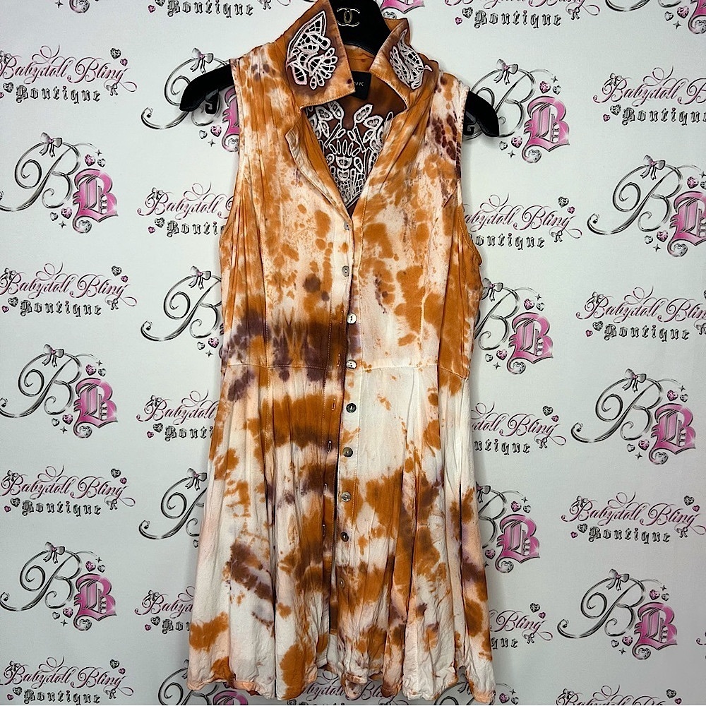 Minkpink dress crochet boho tie dye white orange western bohemian button up